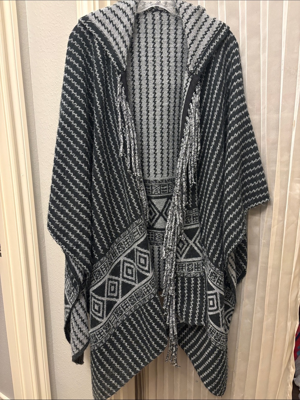 Nordstrom Black & Gray Hooded Poncho Cape with Fringe
